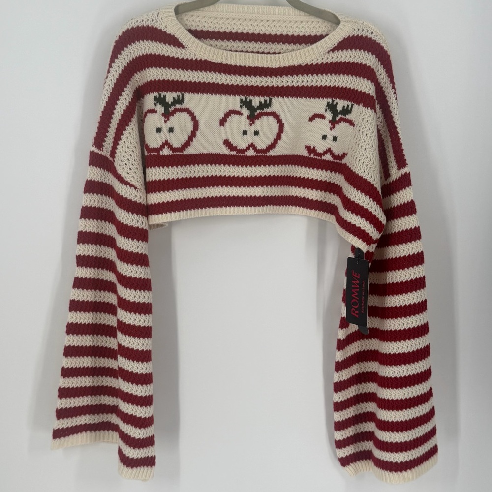 NWT Romwe Red and White Striped Cropped Apple Sweater sz 2X Teacher Cottagecore